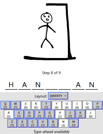 A hangman game right before the player loses