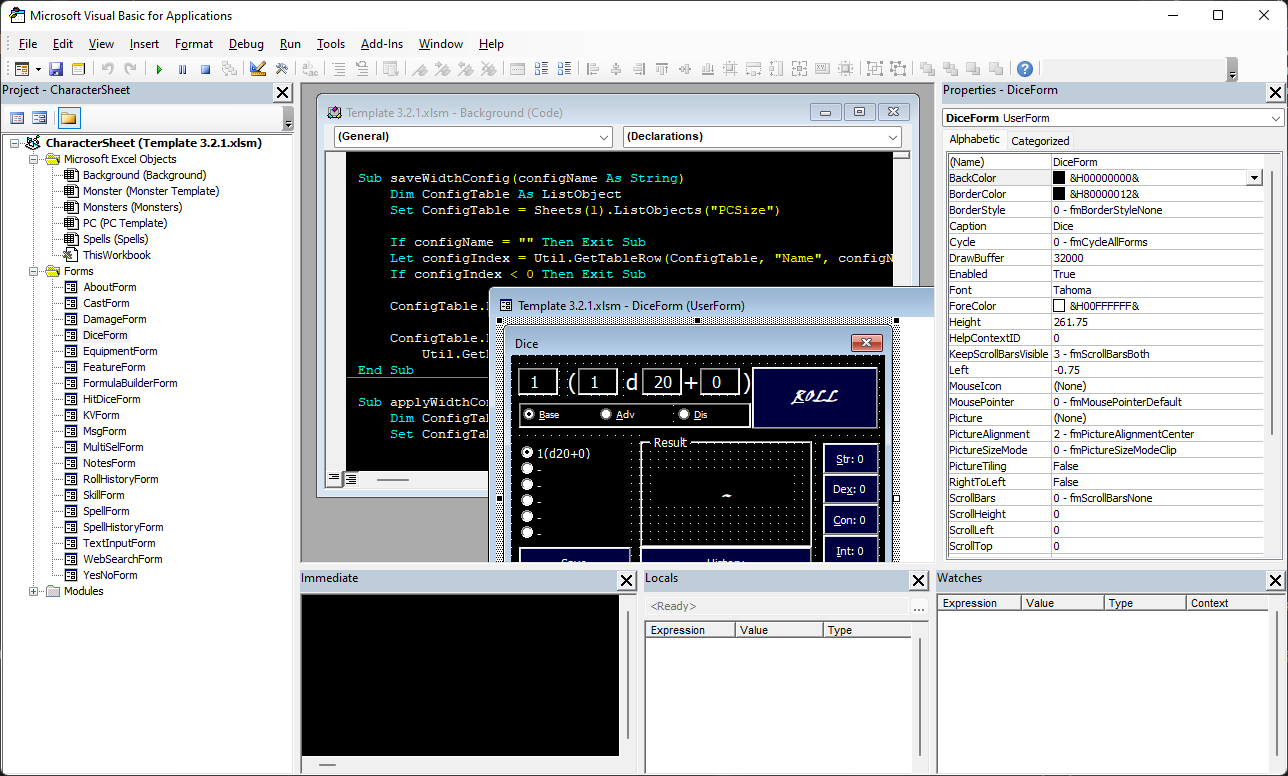 A screenshot of the VB IDE with some D&D workbook code open. It looks really old.